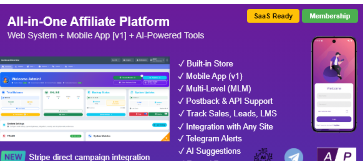 AffiliatePro SaaS v13.0.0.3 – Affiliate & Vendor System + Mobile App, AI, Telegram